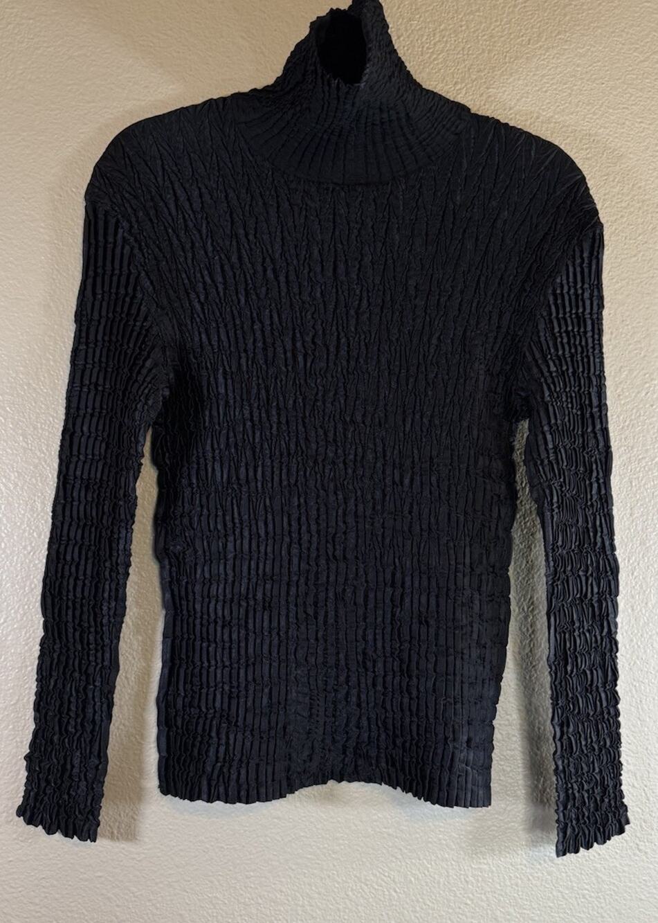 Cache France One Size S/M Olivia Blouse Long Sleeve Black Crinkle Mock Neck